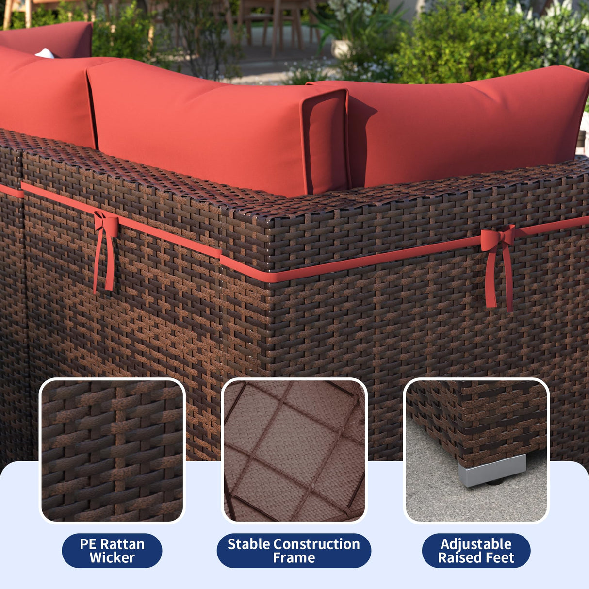 VONZOY Patio Furniture Set, 12-Piece Outdoor Sectional with Waterproof Cover, All-Weather Wicker Patio Conversation Sets for Backyard (Brown with Red Cushion) VONZOY