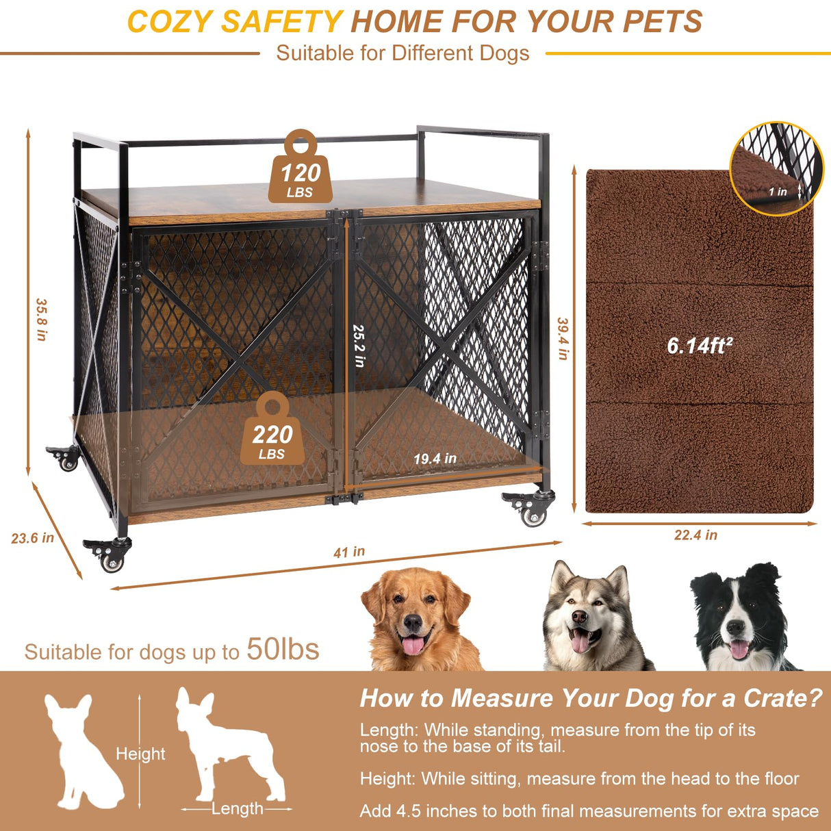 Ketive Dog Crate Furniture with Cushion, 41"L Wooden Dog Crate End Table with Double Doors, Chew-Resistant Dog Kennel Indoor, Heavy Duty Dog Crate with Wheels, Rustic Brown (41"L x 23.6 "W x 35.8 "H) ketive