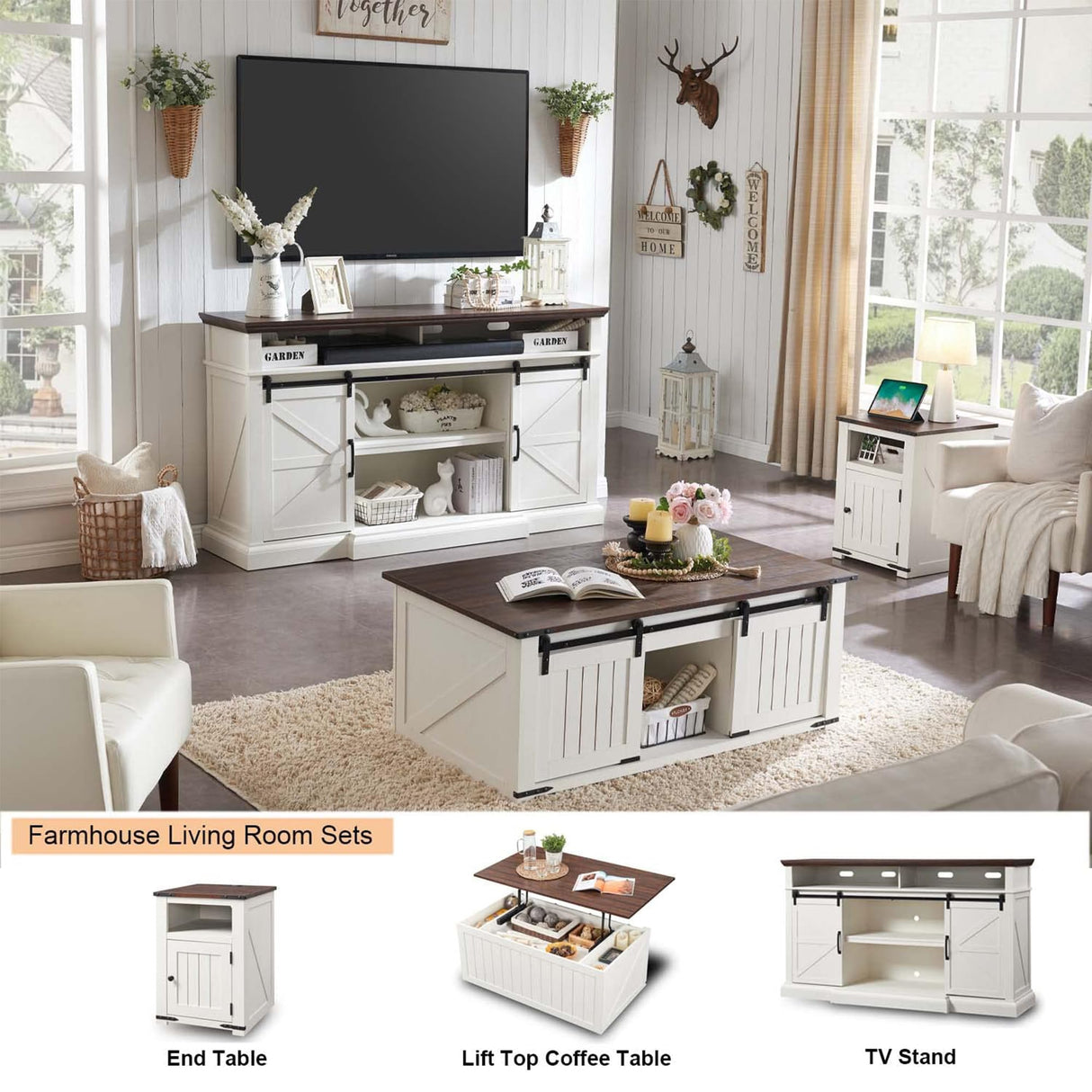 Farmhouse TV Stand for 80 Inch TVs, 38" Tall Entertainment Center w/Storage Cabinets and Sliding Barn Door, Media Console Cabinet w/Soundbar & Adjustable Shelves for Living Room, 69inch (White) IFGET