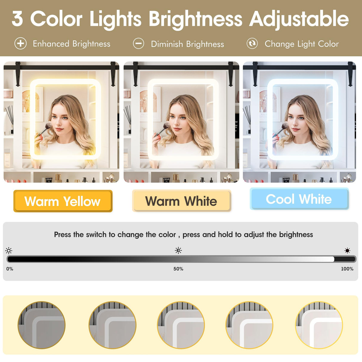 Farmhouse Makeup Vanity Desk with Sliding Mirror and Lights and Charging Station, White Vanity with Shelves and Drawers and Storage Cabinet, Make Up Vanity Desk with Cushioned Stool for Bedroom Befrases