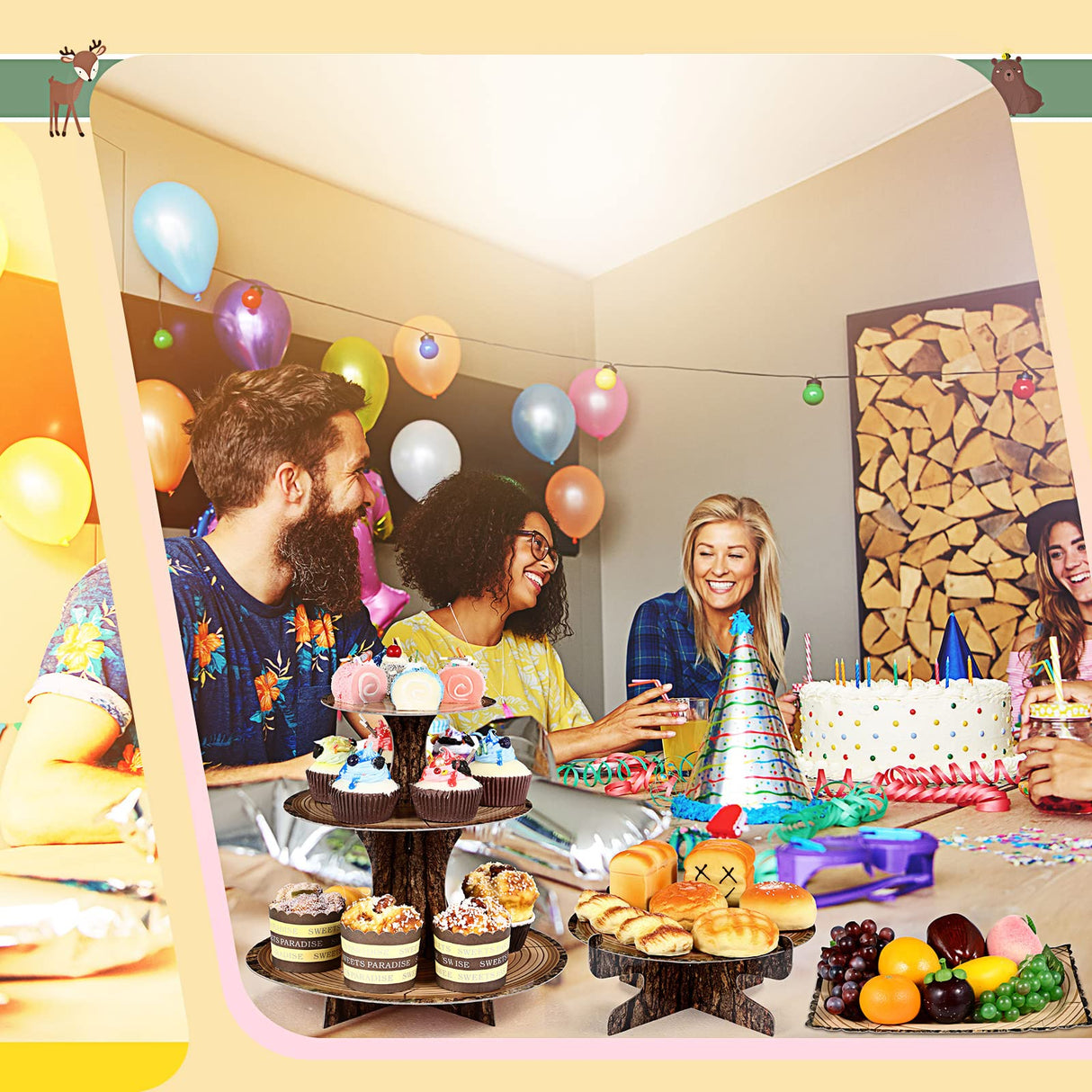 7 Pieces Woodland Cupcake Stand Set Includes 2 Wooden Cupcake Stand 1 Rustic Cake 4 Rectangle Serving Tray for Woodland Western Forest Camping Hunting Baby Shower Birthday Decorations(Woodland) Sawysine