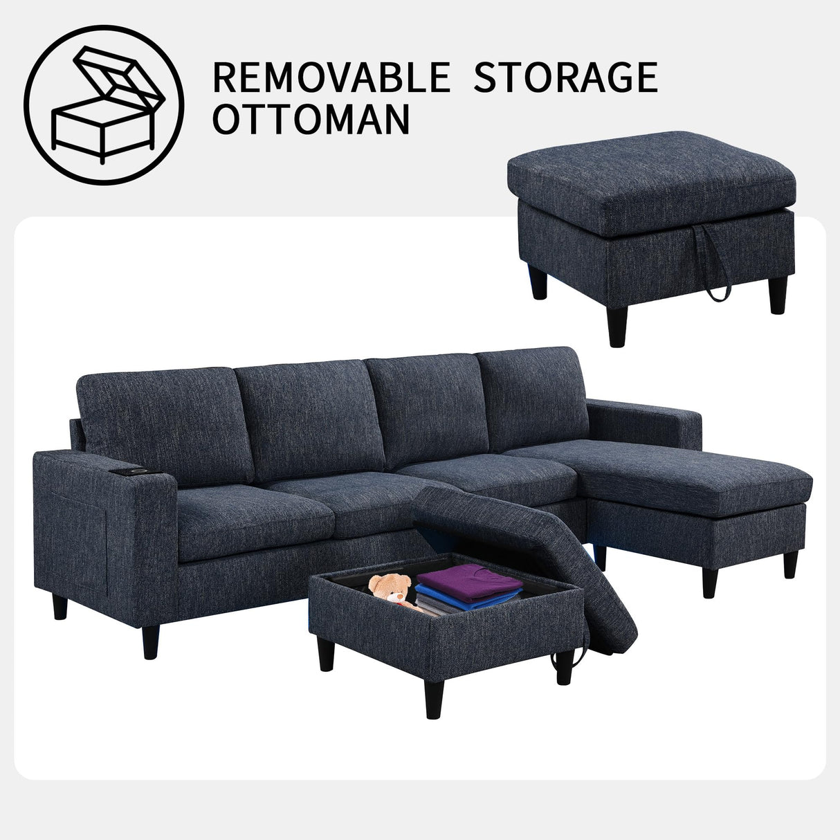 Sectional Couches for Living Room, 6 Seat Sectional Sofa Couch with Smart Module-Wireless Charging/USB/Type-C/RGB Light, U Shaped Thick Linen Modular Couch with Chaise Lounge/Storage Ottoman (Blue) NicoHali