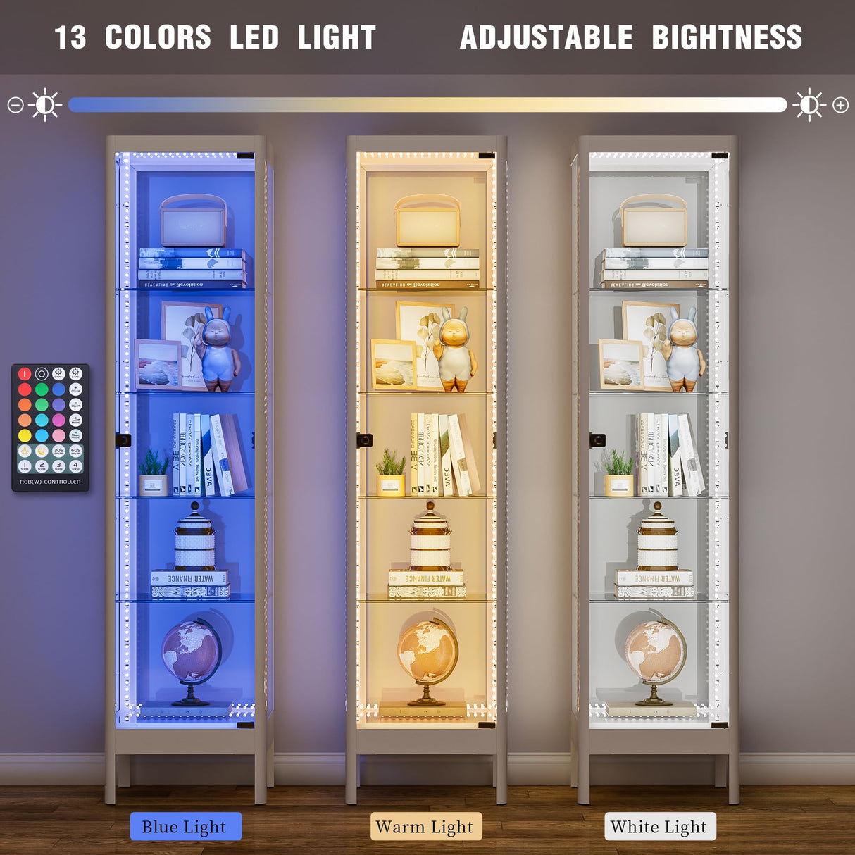 Desirable Life 5-Tier Glass Display Cabinet with 13 Color LED Lights & Lock, 63" Curio Cabinet with Glass Doors & Adjustable Shelves, Lighted Display Case for Collectibles Figures Trophy - White Desirable Life