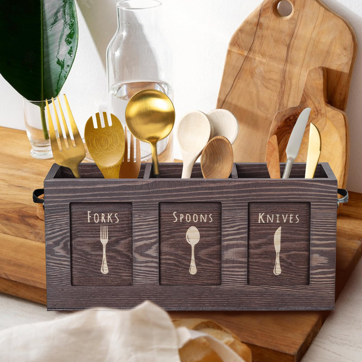 MINCORD Wood Flatware, Cutlery, Kitchen Utensil & Silverware Caddy Organizer Bin Holder for Kitchen Countertop, Perfect for Forks, Spoons, Knives MINCORD