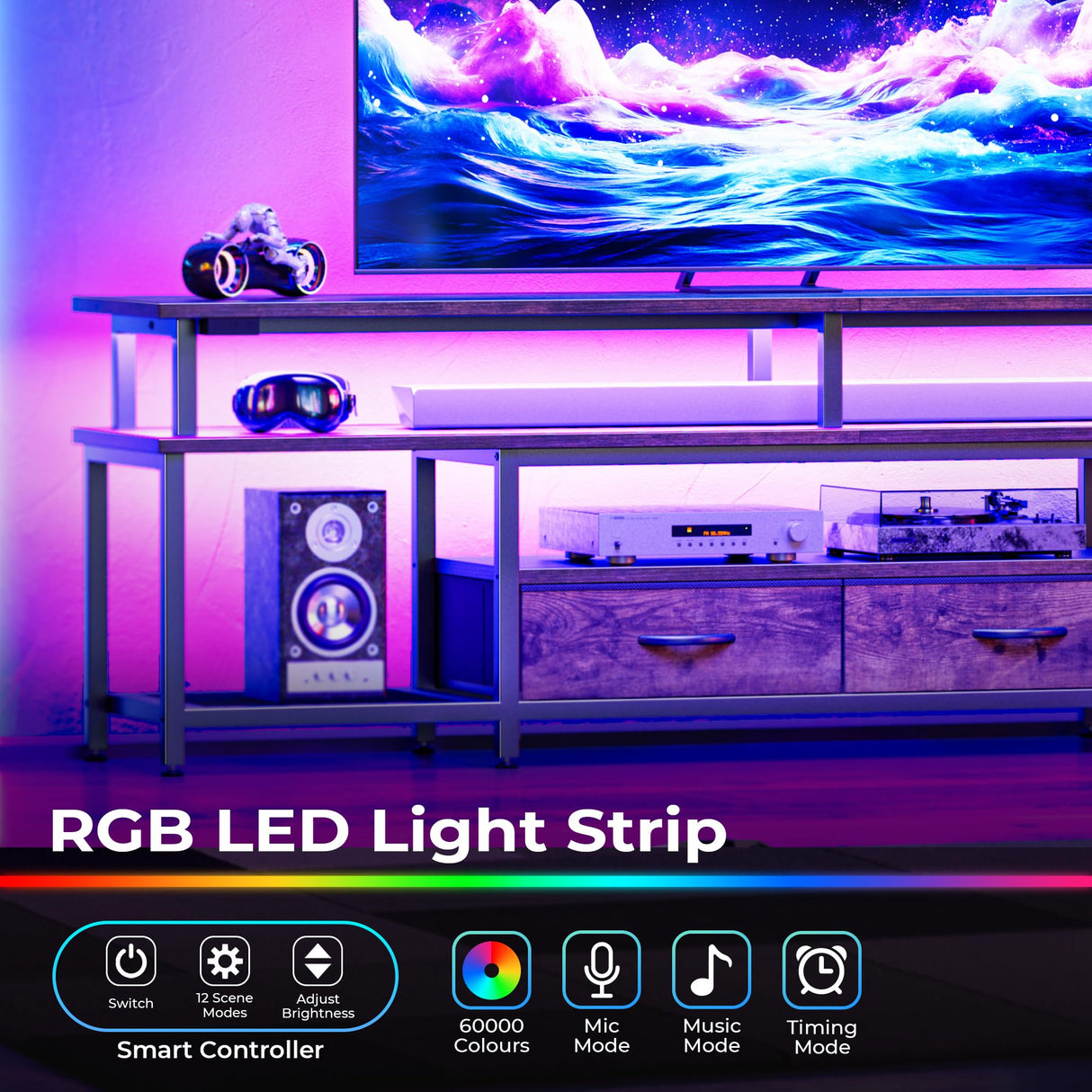 Huuger TV Stand for 65, 70, 75 Inch TV, Entertainment Center with Power Outlets and LED Lights, TV Console for Living Room, Media Console with Drawers and Shelves, Rustic Brown Huuger