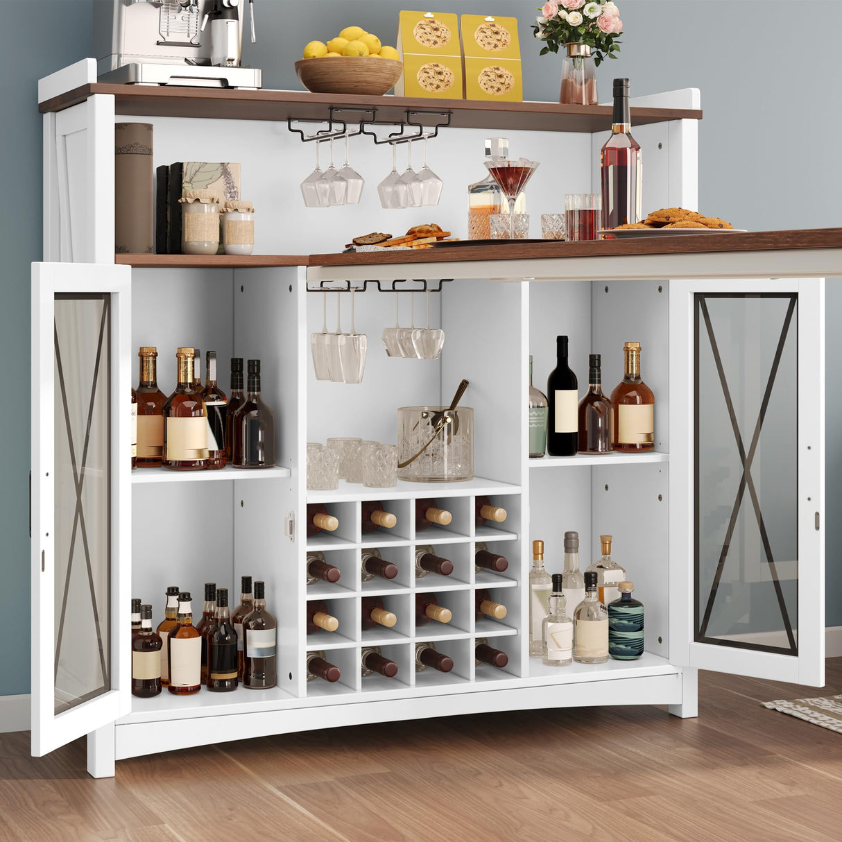 DWVO Home Bar Unit with LED Lights & Wine Cabinet, Farmhouse Bar Cabinet with Wine Storage, Mini Bar Table Coffee Cabinet with Glasses Holder Hanger Footrest for Home Kitchen Pub, White&Walnut DWVO