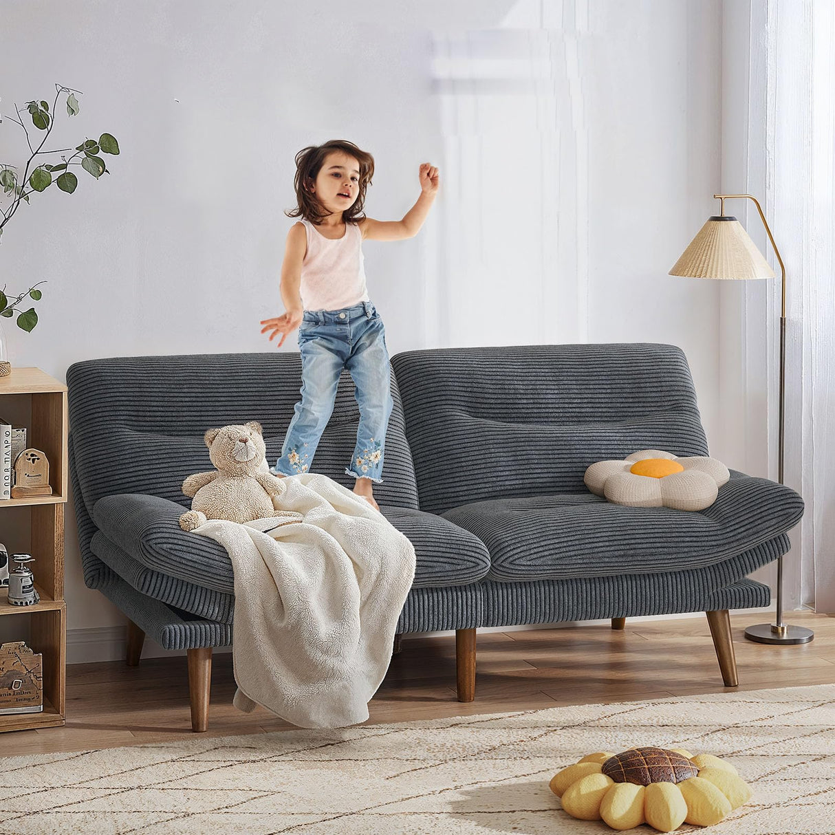 Pipishell Futon Sofa Bed, 73" Convertible Futon Couch, Adjustable Backrest & Armrests, Corduroy Recliner Sleeper Sofa for Small Spaces, Living Room, Office, Guest Room (Grey, 73 in) Pipishell