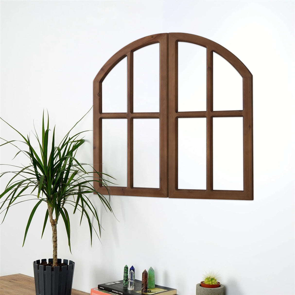 Sintosin Farmhouse Arched Window Frame Wall Decor 30 Inch, Set of 2 Hanging Burning Finished Wooden Window Pane above Bed Wall Art, Rustic Home Decor for Living Room Fireplace Entryway Hallway Sintosin
