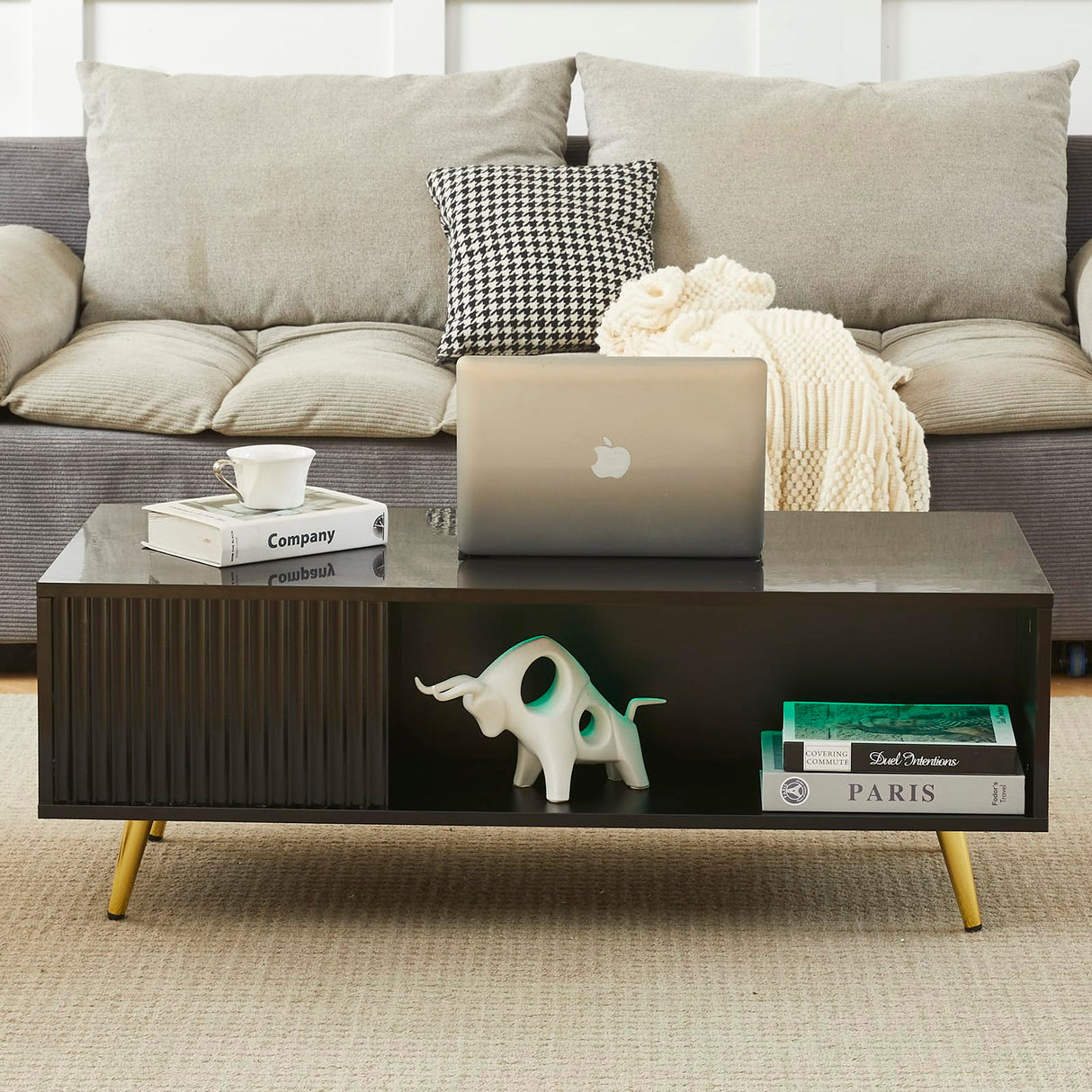 COSVALVE 41.3IN LED Black Coffee Tables for Living Room with 16 Colors LED Lights, Modern Minimalist Coffee Table with Fluted Panel, Rectangle Center Table Game Table COSVALVE