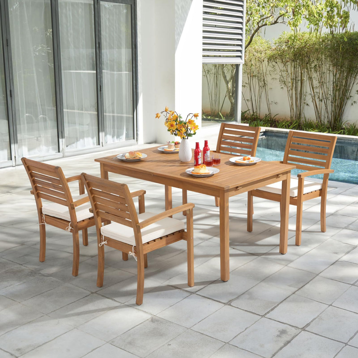 OC Orange-Casual 5 Piece Patio Dining Set, Outdoor Acacia Wood Furniture Set, Extendable Rectangular Solid Table and 4 Stackable Chairs for Lawn Backyard and Deck (Beige Cushion) OC Orange-Casual