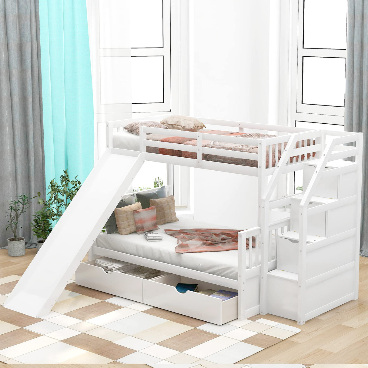 Twin Over Full Bunk Bed with Stairs, Slide & Storage Drawers in White Bellemave