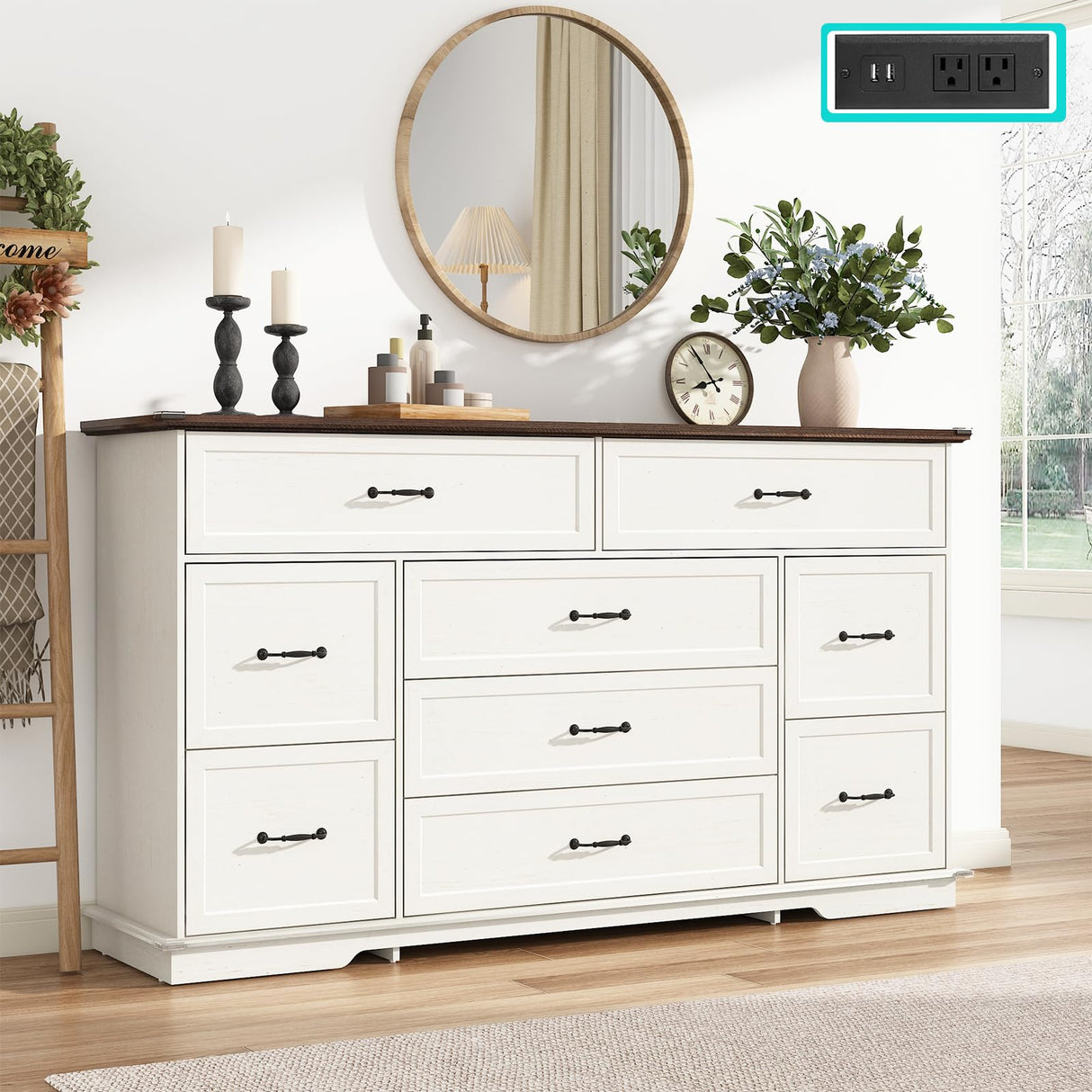 jiteentarou Farmhouse 9 Drawer Dresser for Bedroom,63” Wood Dresser & Chest of Drawers with Power Outlets,Large & Wide Dressers for Bedroom,Tall Storage Dresser Organizer(White) jiteentarou