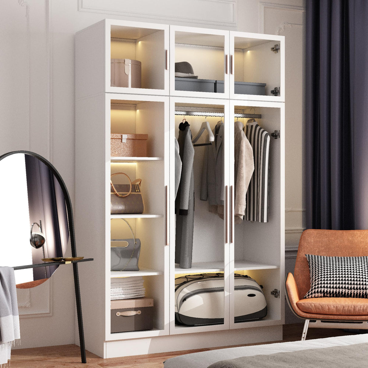 Homsee 5-Tier LED Bookshelf with Glass Doors and Hanging Bar, White Storage Cabinet Homsee