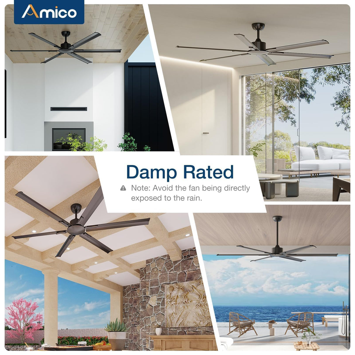 Amico Ceiling Fans without Lights, 72 inch Industrial Indoor/Outdoor Ceiling Fan with Remote Control, Reversible, 6 Blades, Noiseless, Black Ceiling Fan for Patio, Porch, Garage, shop, Farmhouse Amico