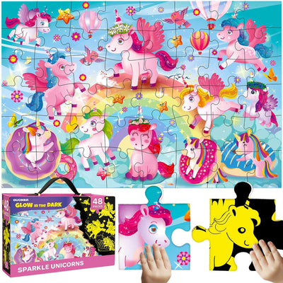 QUOKKA Floor Puzzles for Kids Ages 4–8 – 2x3 FT Giant Glow in The Dark Jigsaw – 48 Large Pieces – Magical Fantasy Unicorn Scene – Montessori Toy with Gift Box – Fun Learning Activity