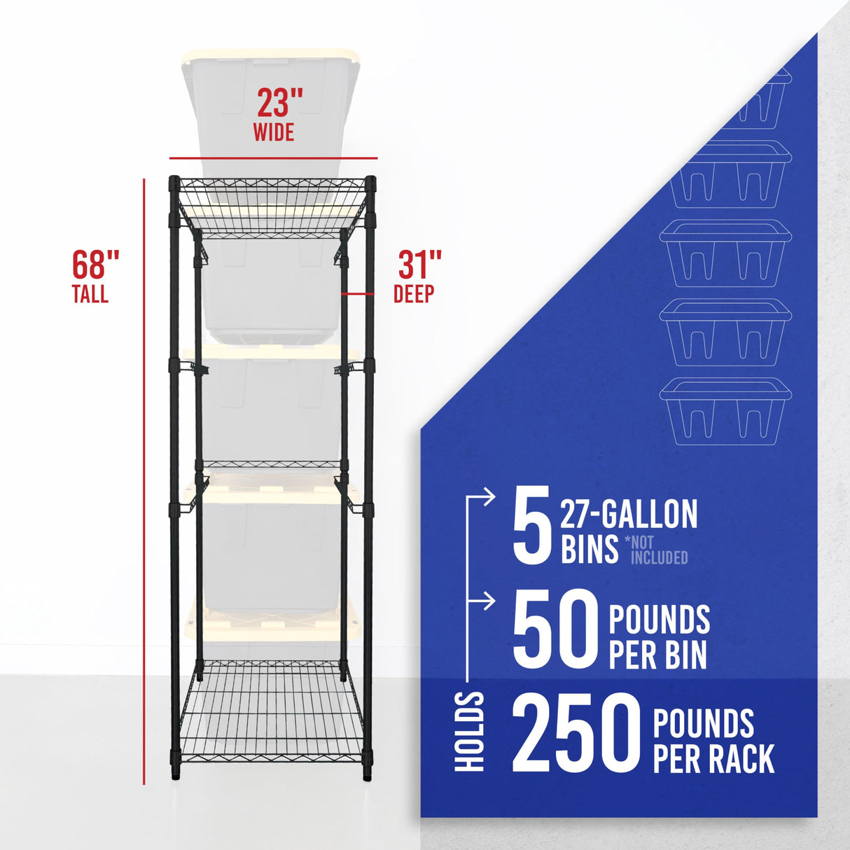 SafeRacks 5-Tier Steel Tote Rack - Maximize Space, Declutter, Organization, NSF Certified, Bin Storage for Garage, Pantry, Kitchen, Workspace, 5 Shelves, 31″ x 23″ x 68″, Black SafeRacks