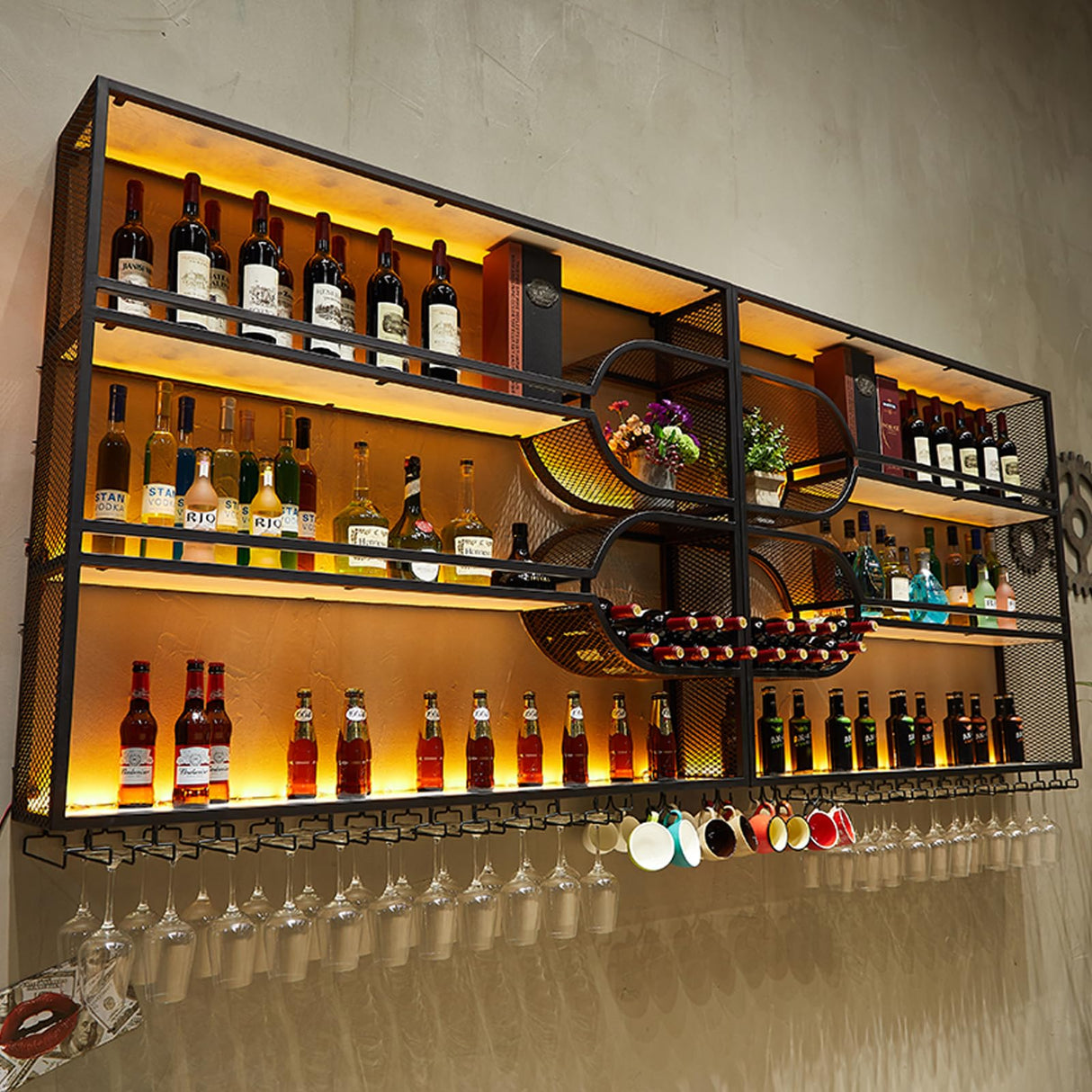 Dawselod 94.5in Large Wall Mounted Wine Rack,4-Tiers Liquor Bottles Floating Shelves Display Storage Organizer for Home Bar & Dining Room Decorative (94.5" W x 9.8" D x49.2 H) Dawselod