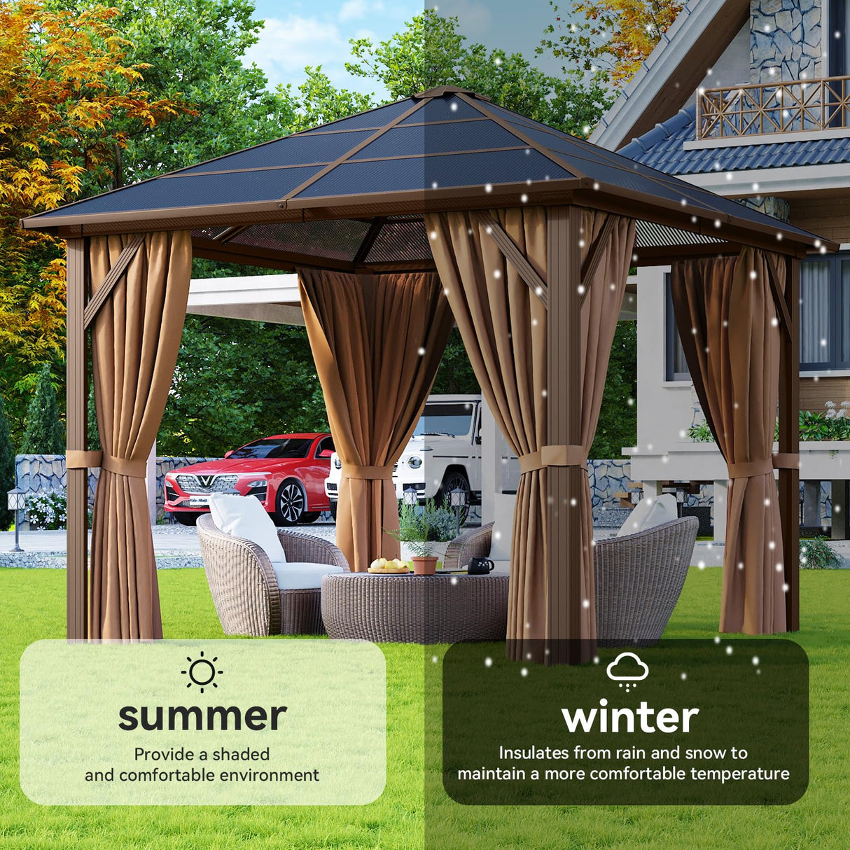 Aoxun 10' x 10' Gazebo Single Polycarbonate Top, Outdoor Polycarbonate Frame Permanent Pergolas with Curtains and Netting, for Patios, Parties, Backyards, Gardens and Lawns Aoxun