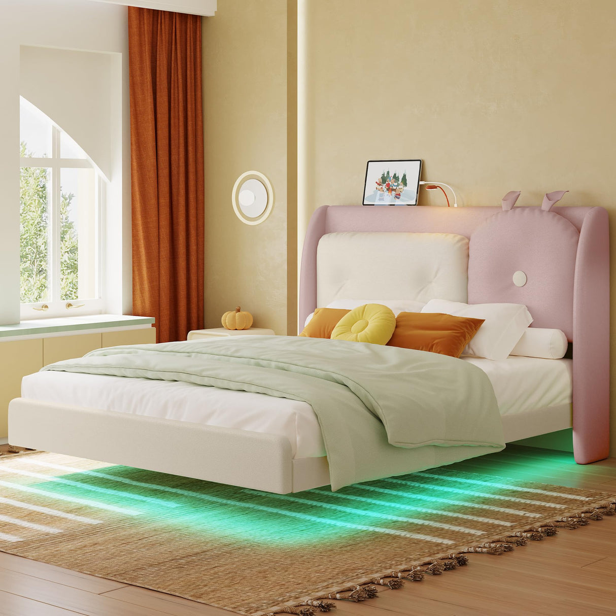 LIKIMIO Full Floating Bed Frame, Platform Bed Frame with Leather Upholstered Headboard,LED Light & Charging Station, Solid Wood Slats Support, No Box Spring Needed, Pink LIKIMIO