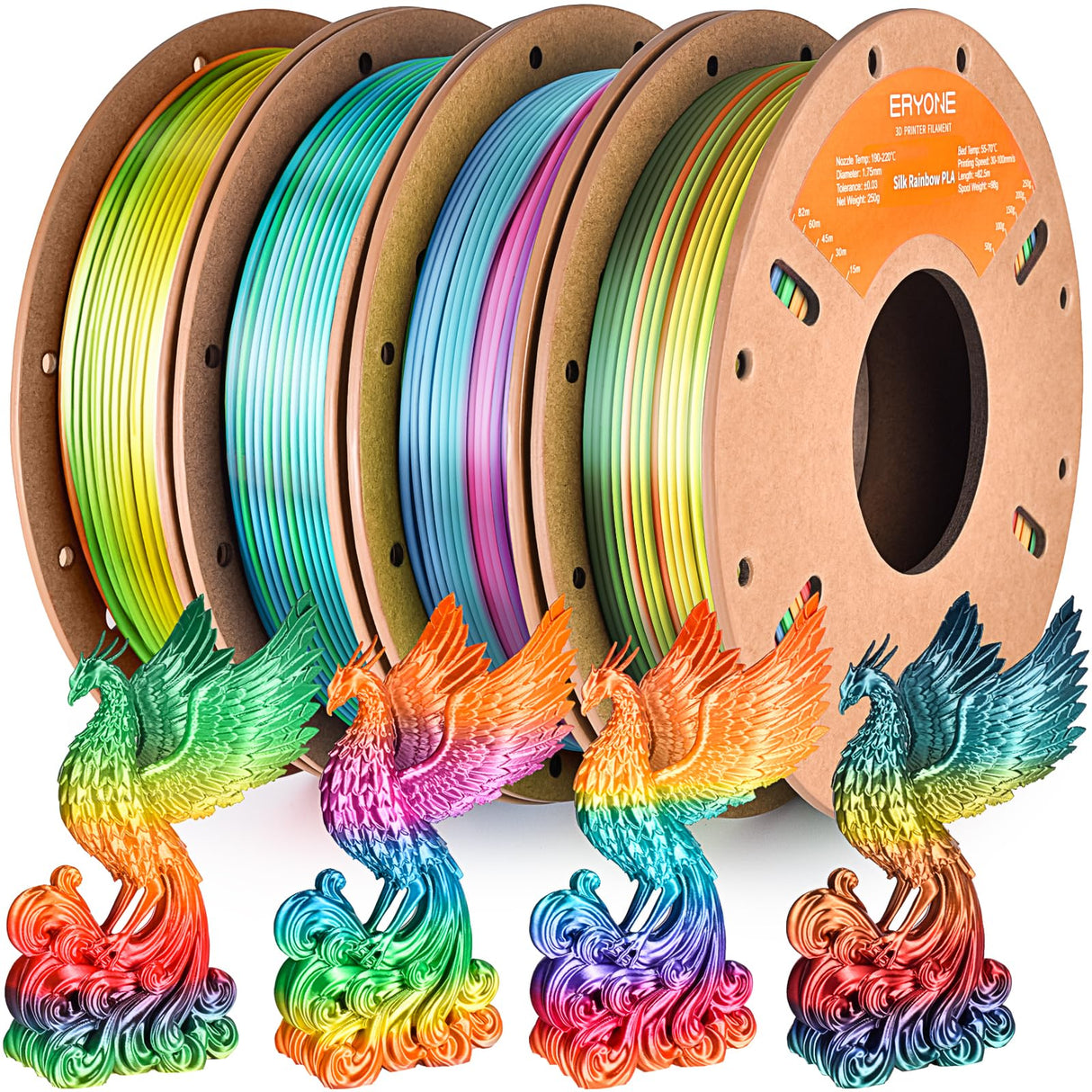 ERYONE Silk Rainbow Filament PLA 1.75mm for 3D Printer +/- 0.03mm, 0.25kg*4 Spools, Palette, Mountain Mirage, Sunset, Waterfall Rainbow ERYONE
