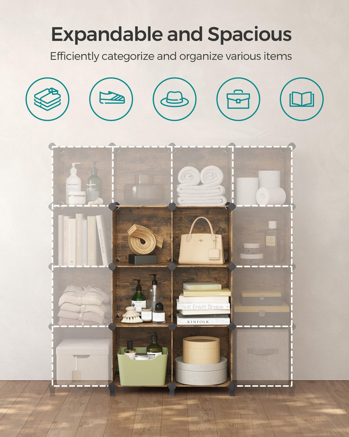 SONGMICS 6 Cube Storage Organizer, DIY Closet Shelf, Plastic Clothes Organizer, Modular Bookcase, 11.8 x 11.8 x 11.8 Inch Cubes, with Feet and Rubber Mallet, Rustic Brown ULPC111A01 SONGMICS