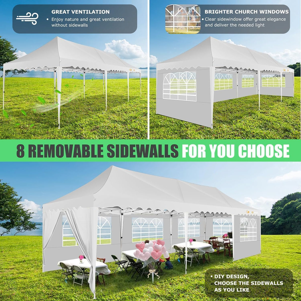 HOTEEL 10x30 Canopy Tent with Walls Party Tent 10x30 Pop Up Canopy Event Tent 10x30 UPF 50+ Windproof Waterproof Wedding Tents for Parties Gazebo Canopy with Roller Bag & 4 Weights Bags,White Hoteel