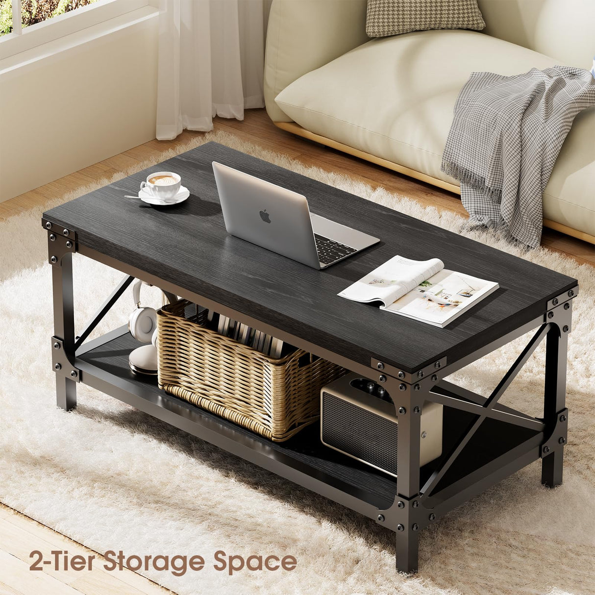 Rectangle Coffee Tables for Living Room, Wood Rectangular Coffee Table, 2 Tier Industrial Modern Center Table with Thickened Tabletop and Metal Frame, 40 inch Long (Black) AntsandAnts