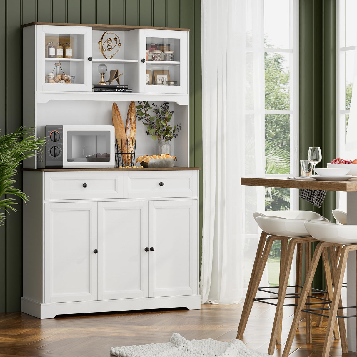 FACBOTALL Kitchen Pantry Storage Cabinet, Freestanding Hutch Cabinet with Buffet Cupboard, Utility Pantry with Microwave Stand,Tall Kitchen Cabinets with Adjustable Shelves for Kitchen FACBOTALL