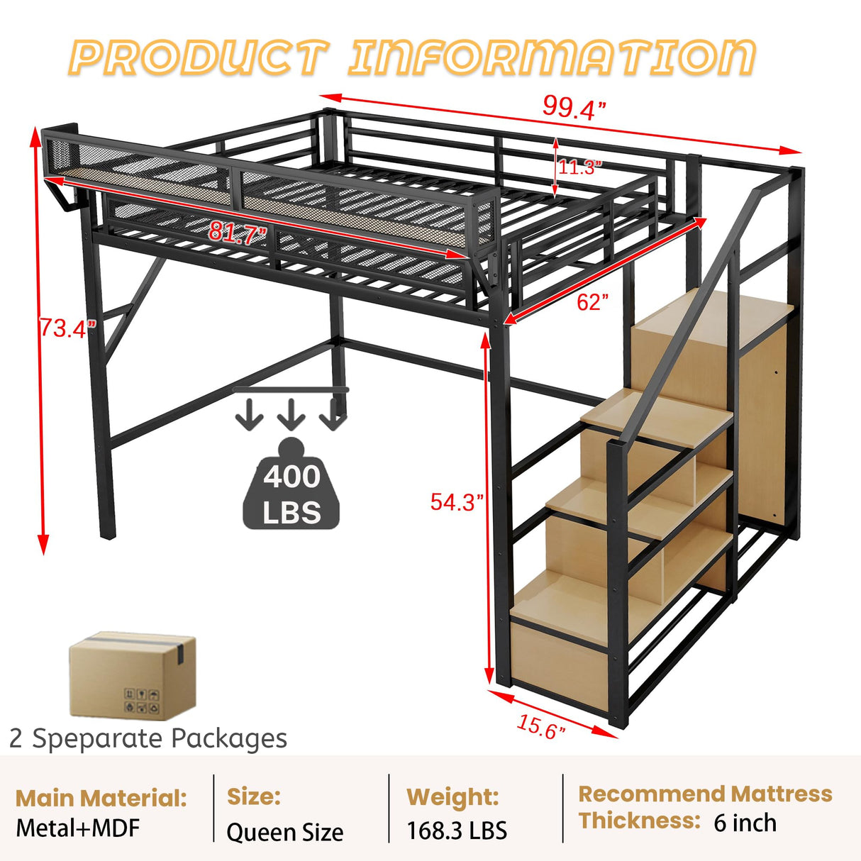 Mirightone Queen Size Loft Bed with Stairs, Metal Loft Beds, High Loft Bed Frame with Storage Shelves, Lofted Queen Bed with Wardrobe for Adults and Teens, No Box Spring Needed (Black+Natural) Mirightone