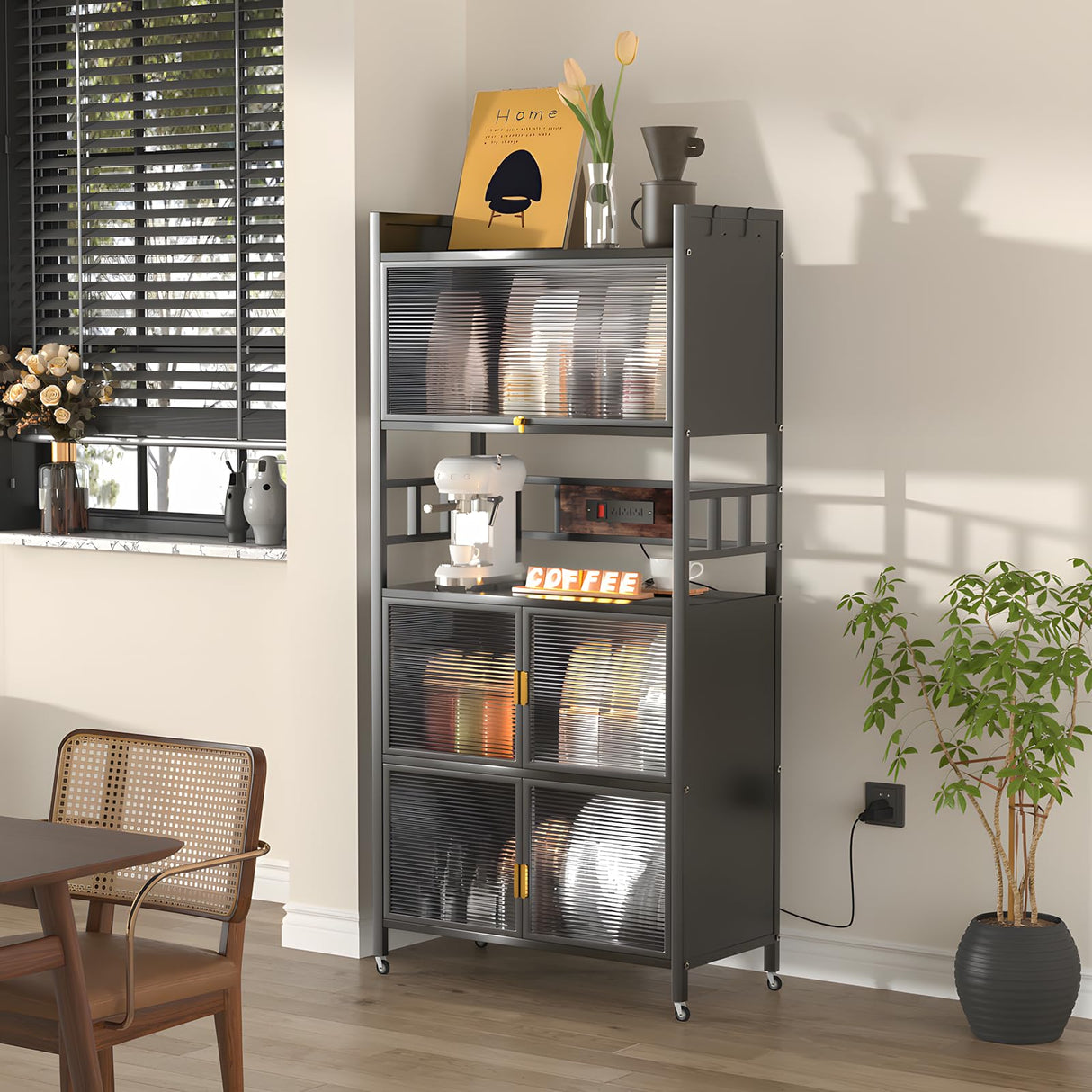 REENLIV 5-Tier Bakers Rack with Power Outlet, Microwave Stand, Bread Rack,Coffee Stand, Baker's Rack with Rolling Wheels and 4 Hooks, Kitchen Shelves for Spices, Pots and Pans,Black REENLIV