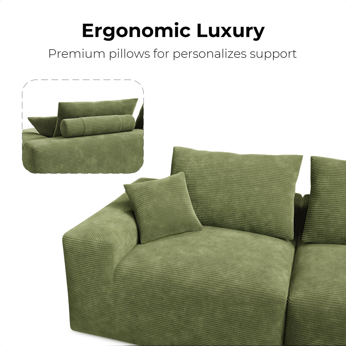 LIKIMIO 120" Modern L-Shaped Modular Sectional Sofa for Living Room, Corduroy Upholstery Green, Oversized 3-Seater Couch with Deep Seat and Movable Ottoman – No Assembly LIKIMIO