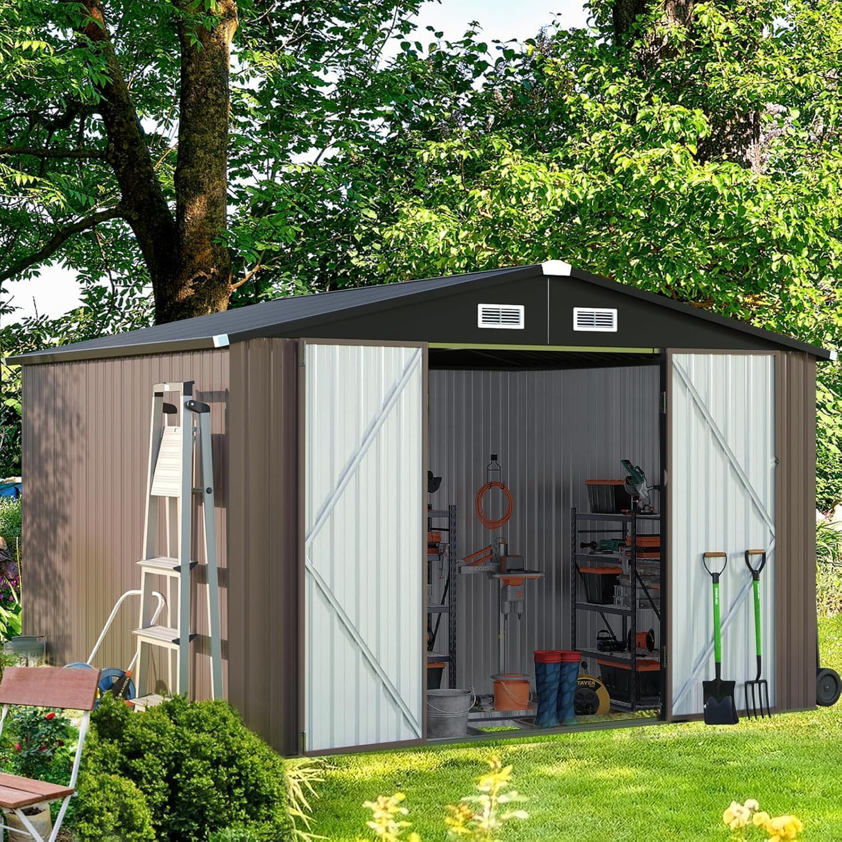 Aoxun 9.4x7.3x6.5 FT Outdoor Metal Storage Shed with Lockable Door- Ideal for Tools, Garden Equipment & Bikes, Includes Base, Perfect for Patio Placement Aoxun