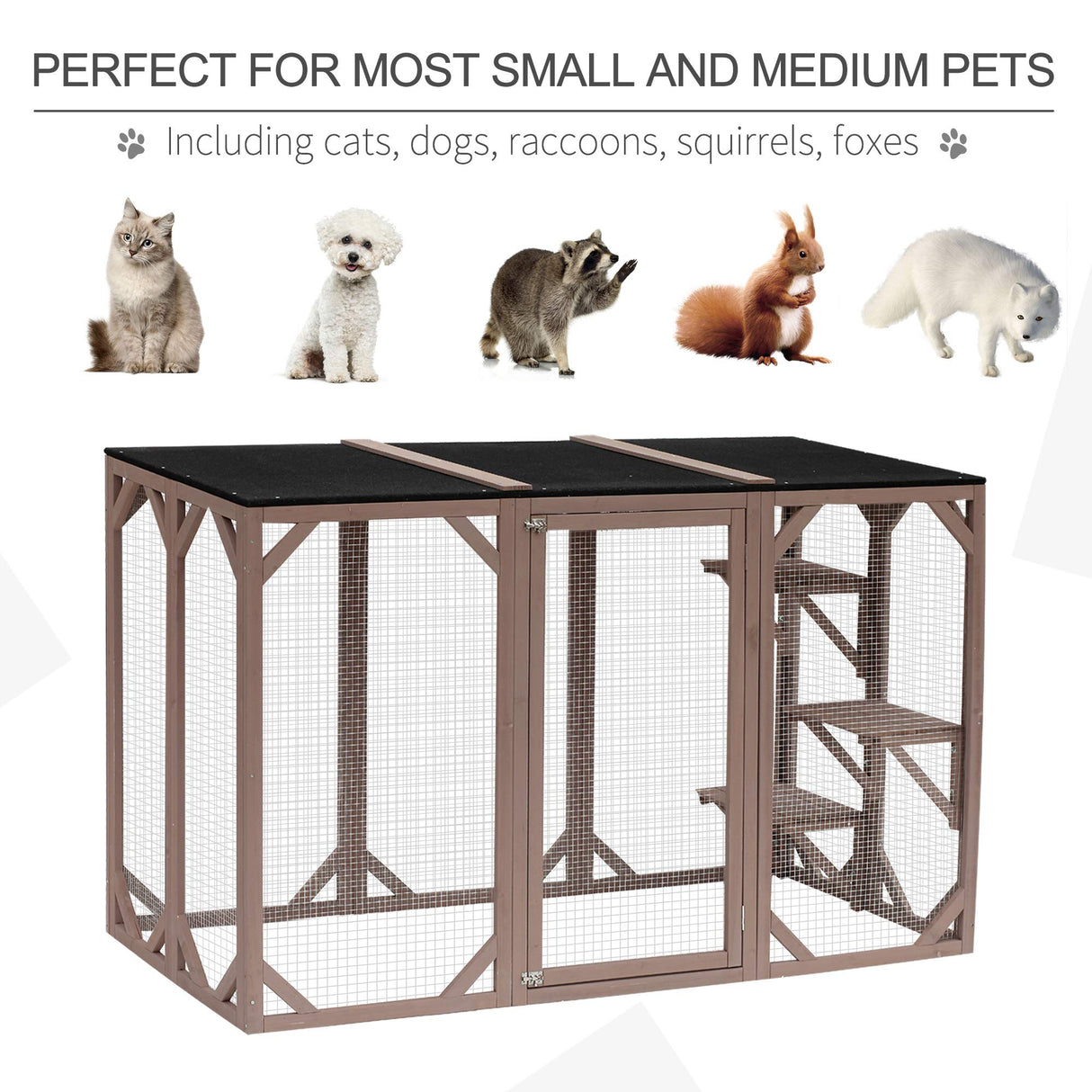 PawHut Outdoor Cat House, Catio Wooden Feral Cat Shelter, Cat Cage with Platforms, Large Enter Door, Weather Protection Asphalt Roof, 71" L, Brown PawHut