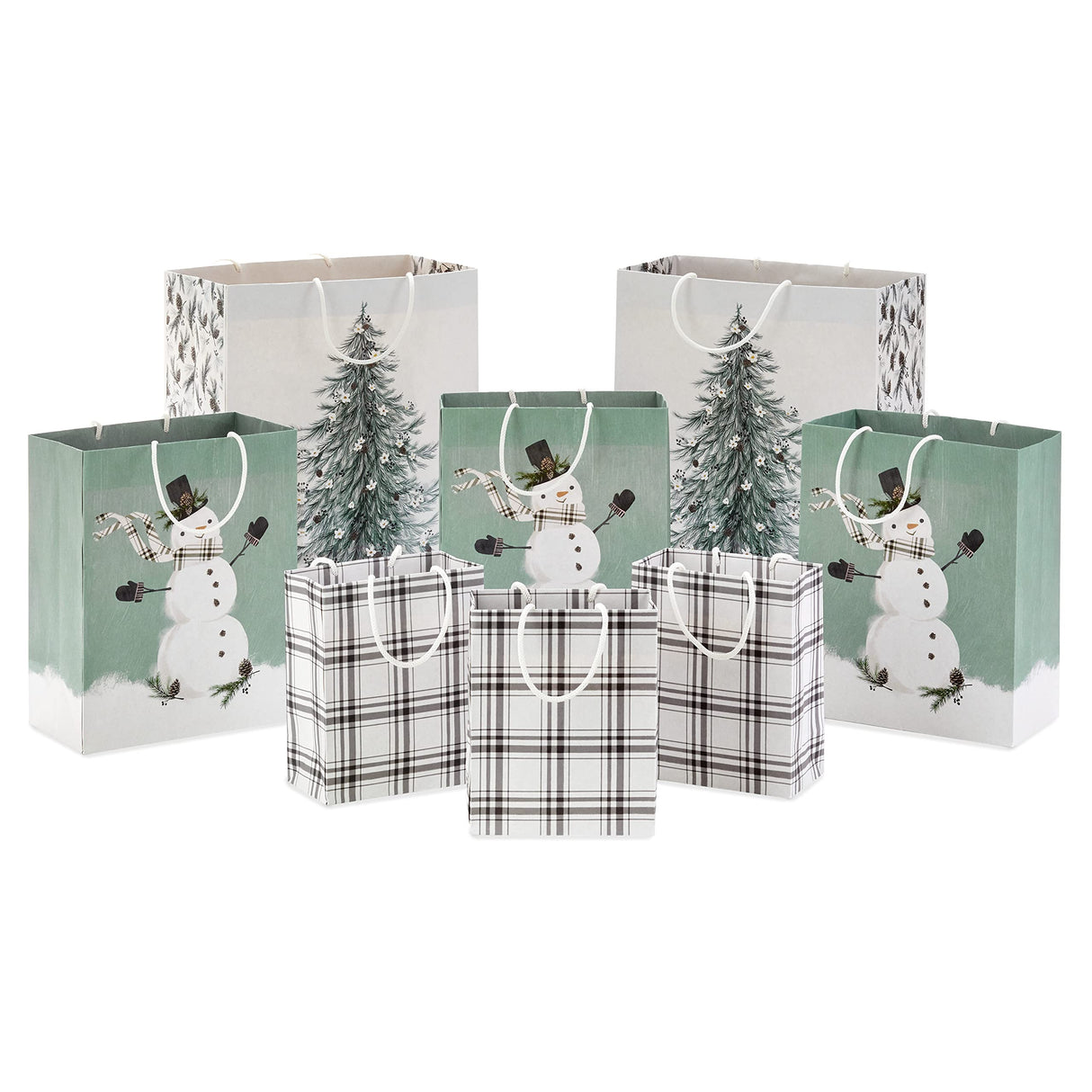 Hallmark Christmas Gift Bag Assortment (8 Bags: 3 Small 6", 3 Medium 9", 2 Large 13") White and Sage Green with Rustic Snowman, Plaid, Evergreen Tree for Christmas, Winter Weddings, Birthdays Hallmark