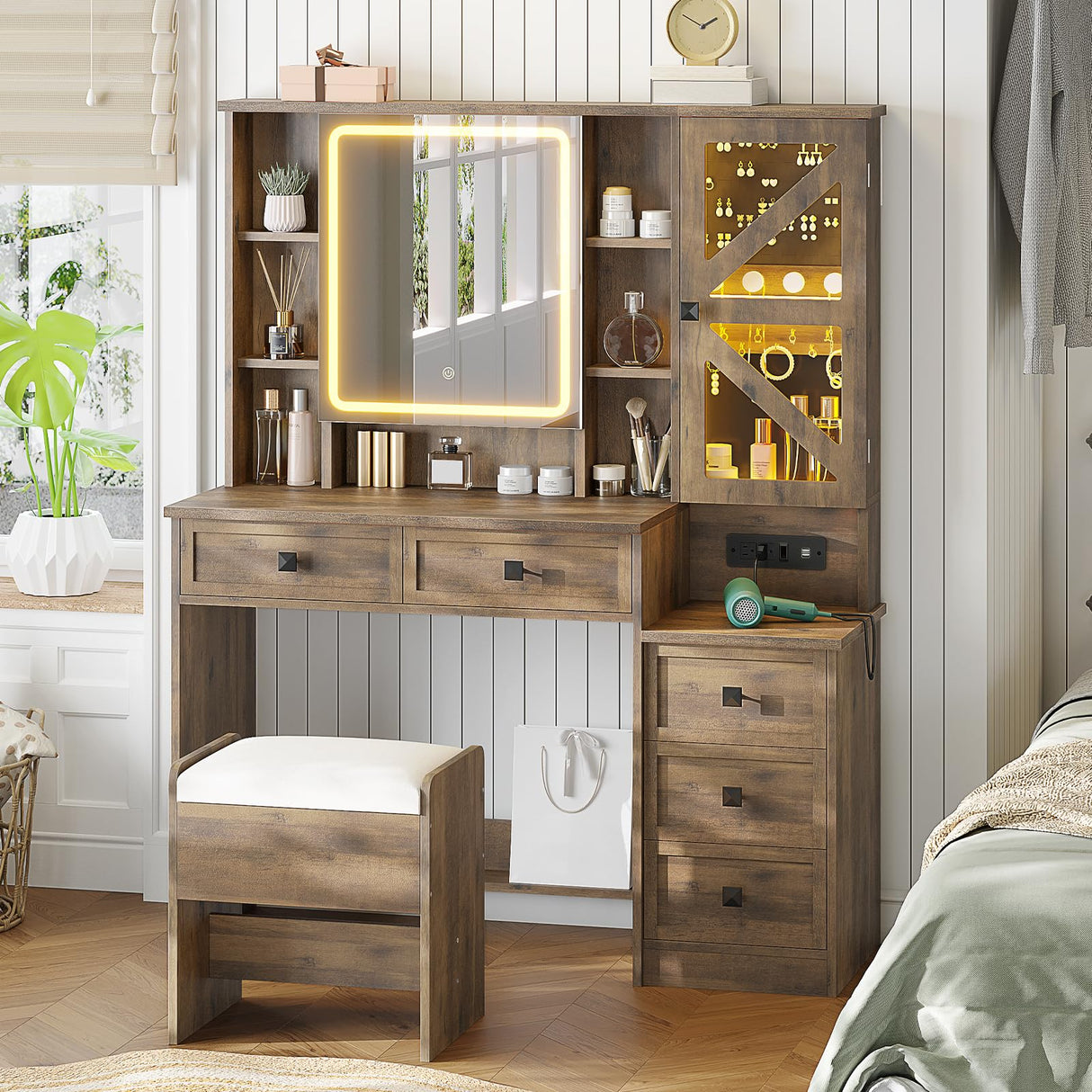 AOGLLATI Farmhouse Vanity Desk with Mirror and Lights, Makeup Vanity Set with Lights & Jewelry Cabinet & 5 Drawers, Vanity Table with Charging Station, Hidden Storage Space for Bedroom, Brown AOGLLATI