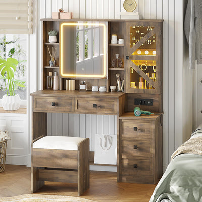 AOGLLATI Farmhouse Vanity Desk with Mirror and Lights, Makeup Vanity Set with Lights & Jewelry Cabinet & 5 Drawers, Vanity Table with Charging Station, Hidden Storage Space for Bedroom, Brown