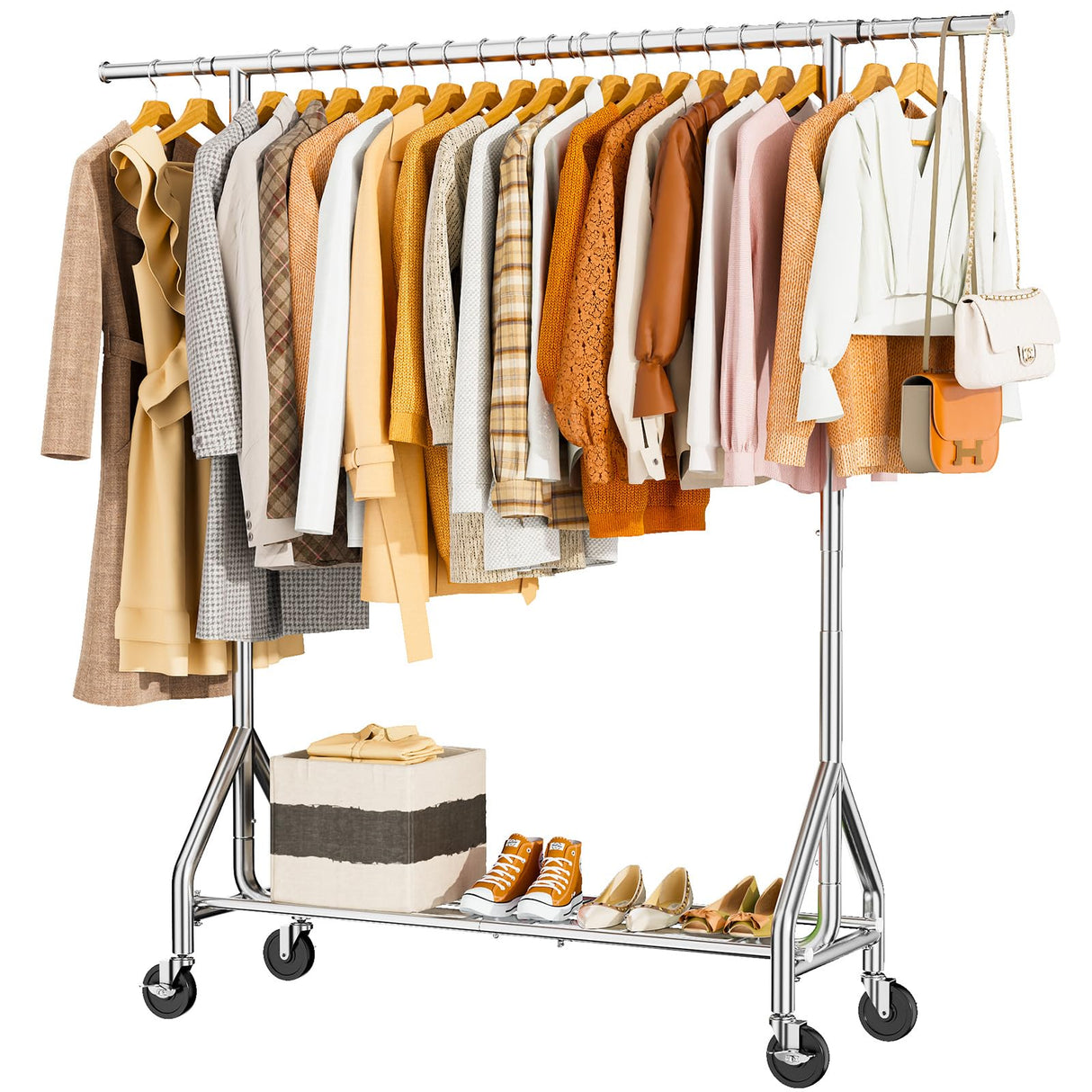 HYSEYY Heavy Duty Clothes Rack Load 450 LBS, Metal Garment Rack, Standing Rolling Clothing Rack for Hanging Clothes with Sturdy Wheels & Shelves, Portable Closet Wardrobe Rack,Sliver HYSEYY