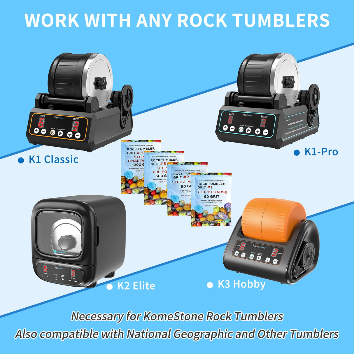 Rock Tumbler Grit and Polish Refill Kit - 4 Bags Sample Pack, 4-Step Tumbling Refill Media Kit, Works with Any Rock Polisher, Rock Tumbler Supplies KomeStone