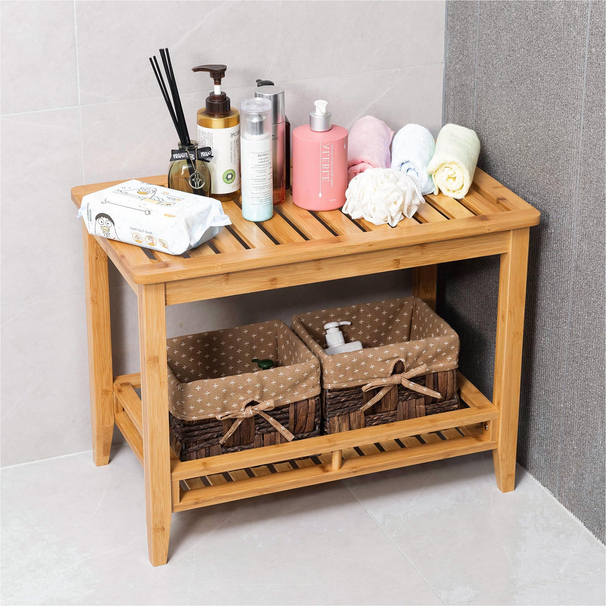 Forevich Bamboo Shower Bench Stool Bathroom Shower Chair Seat with Storage Shelf Spa Bath Foot Rest for Insider Shower Bathtub Elderly and Disabled Natural Forevich