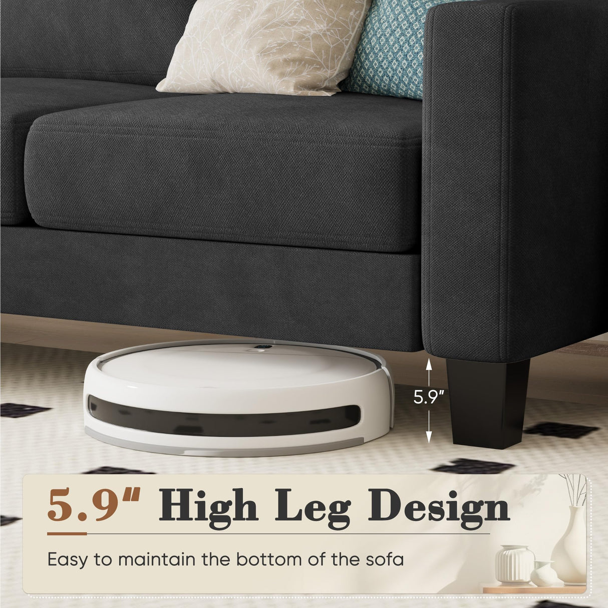 Homall Sofa for Living Room, Couch with Convertible Chaise, 3 Seat L-Shaped Sofas, Comfy Fabric Couches for Apartment, Small Space, Dark Gray Homall