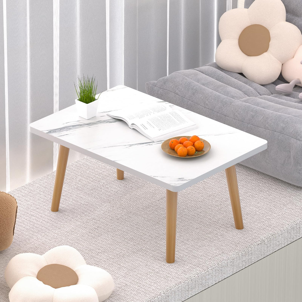 Small Coffee Table for Small Space, Low Table, Floor Table Desk for Sitting on The Floor, Storage Living Room Furniture, Tatami Tea Tables with Solid Wood Legs, Home Office, Farmhouse, Rectangle White FAMIDGE