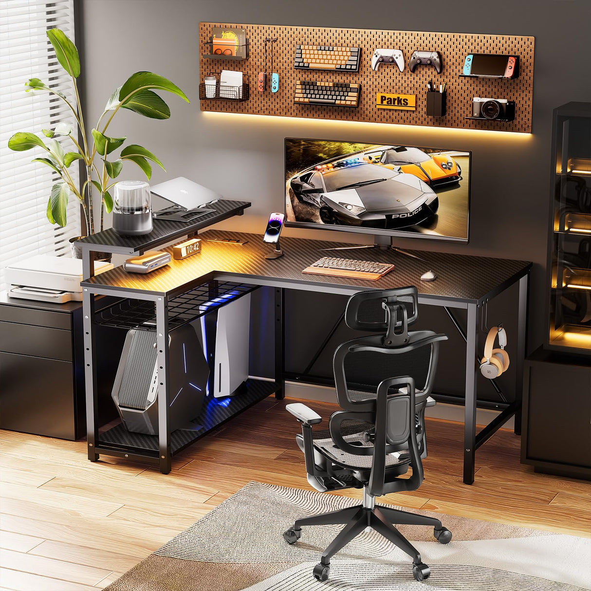 Bestier Gaming Desk with Power Outlets, 42" L-Shaped Gaming Desk with LED Lights, Desk with Reversible Storage Shelves & Hooks for Small Spaces, Bedrooms & Offices, Black Carbon Fiber Bestier