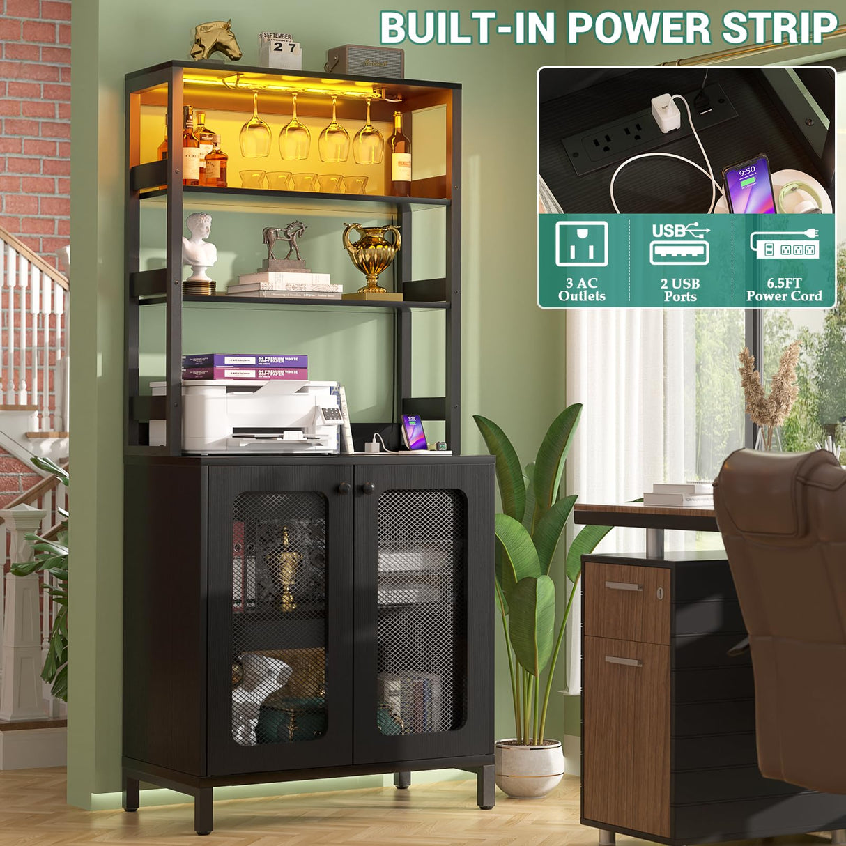 Aheaplus 67" Tall Black Bar Cabinet with Power Outlets and LED Lights Aheaplus