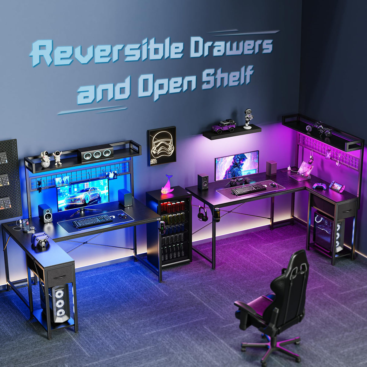 PRAISUN L Shaped Gaming Desk with Shelves, Corner Computer Table with LED Lights, Power Outlets and USB-C Ports, 50 Inch Reversible Home Office Desk with Storage Drawer, for Work and Study, Black PRAISUN