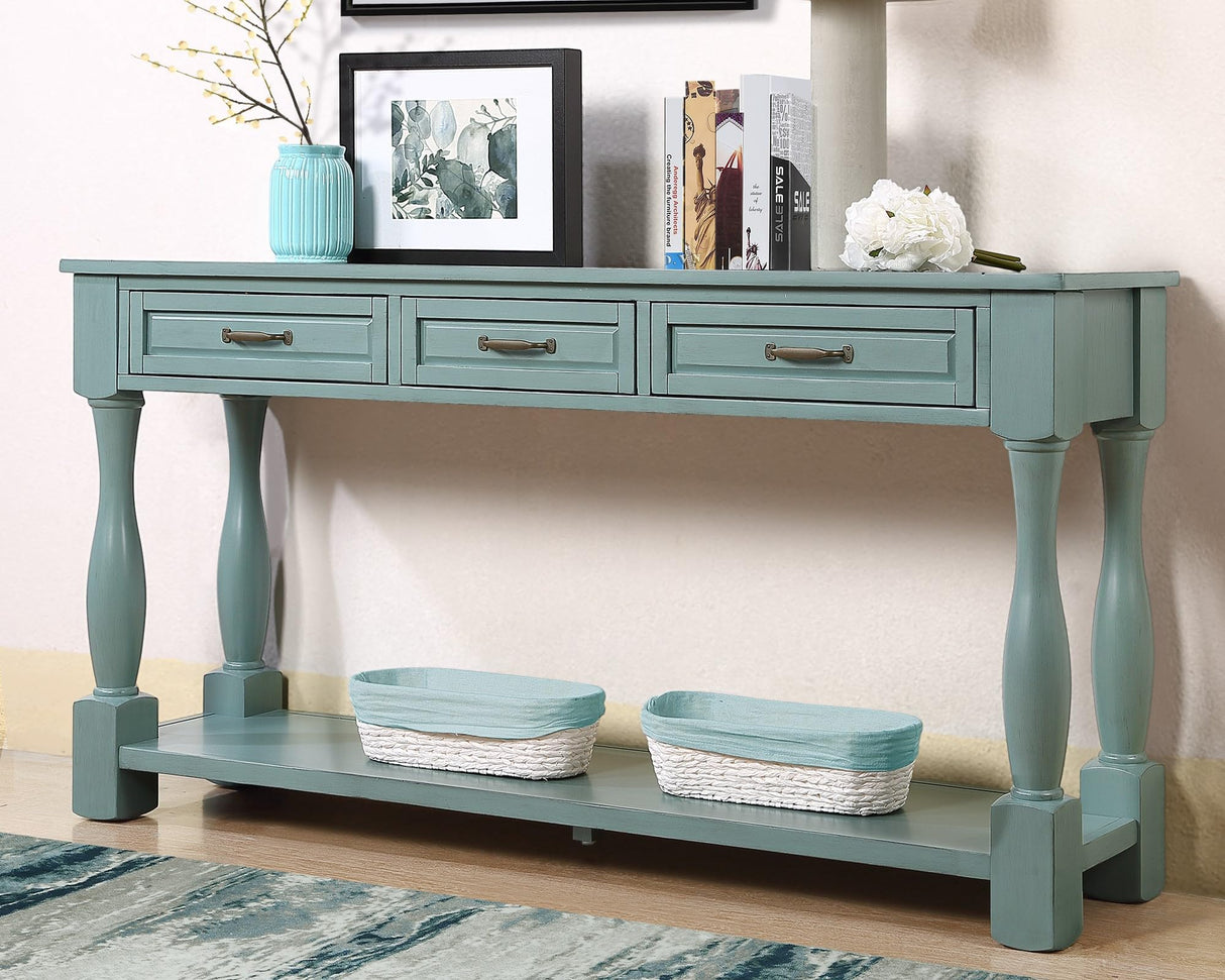 LKTART Solid Wood Console Table Sofa Table Entryway Table with 3 Drawers and 1 Bottom Shelf for Storage Entry Hallway Foyer Sofa (63" Retro Green) LKTART