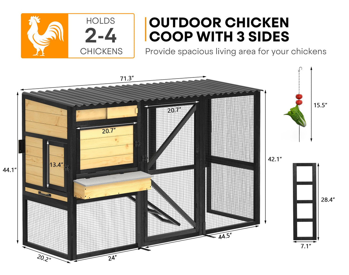 TRYKERPET Chicken Coop for 2-4 Chickens, Three-Sided Wooden Chicken Coop, Chicken House with Nesting Box, 5 Doors, Pull-Out Tray, Suitable for Backyard, Black&Yellow TRYKERPET