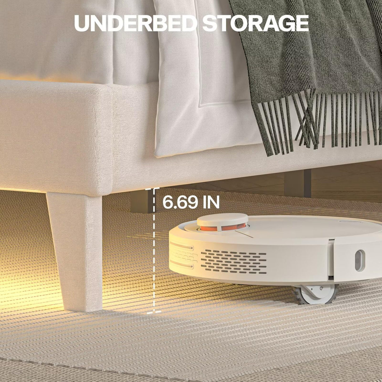 Lihimte Queen Size Bed Frame with Led Lights, Upholstered Velvet Platform Bed Frames with Button Tufted Wingback Headboard and Footboard, Wooden Slats Support, No Box Spring Needed, Beige Lihimte