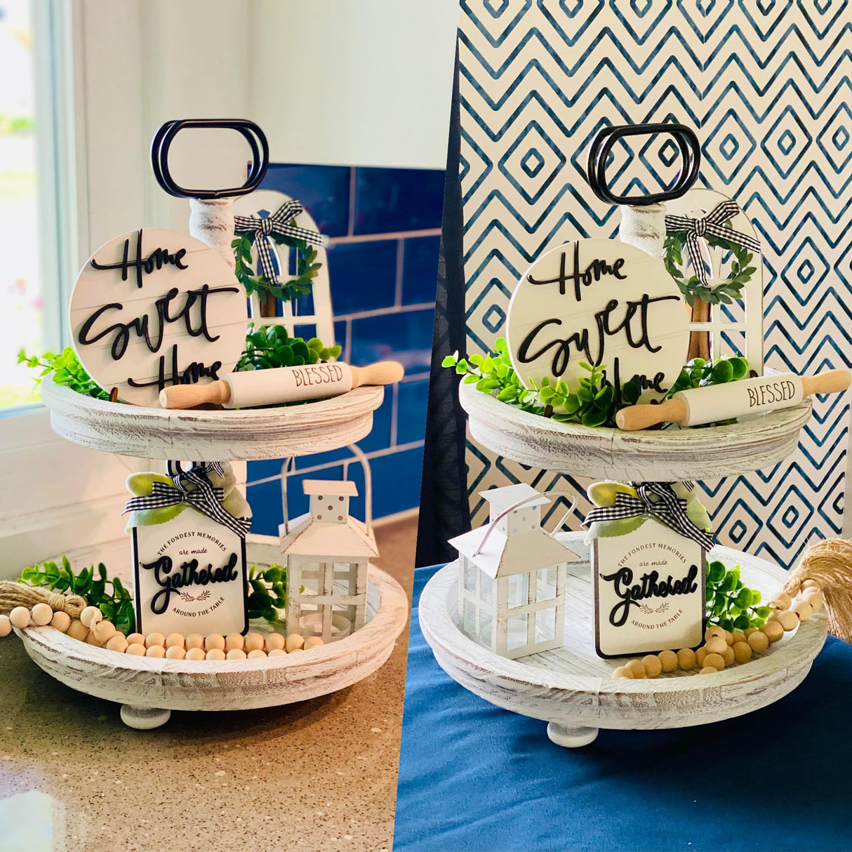 Houmury Set of 17 Farmhouse Tiered Tray with 1 Lantern Artificial Plant& Cutting Board Sign for Rustic Home Sweet Home Kitchen Decor Tier Tray Decor Set Houmury