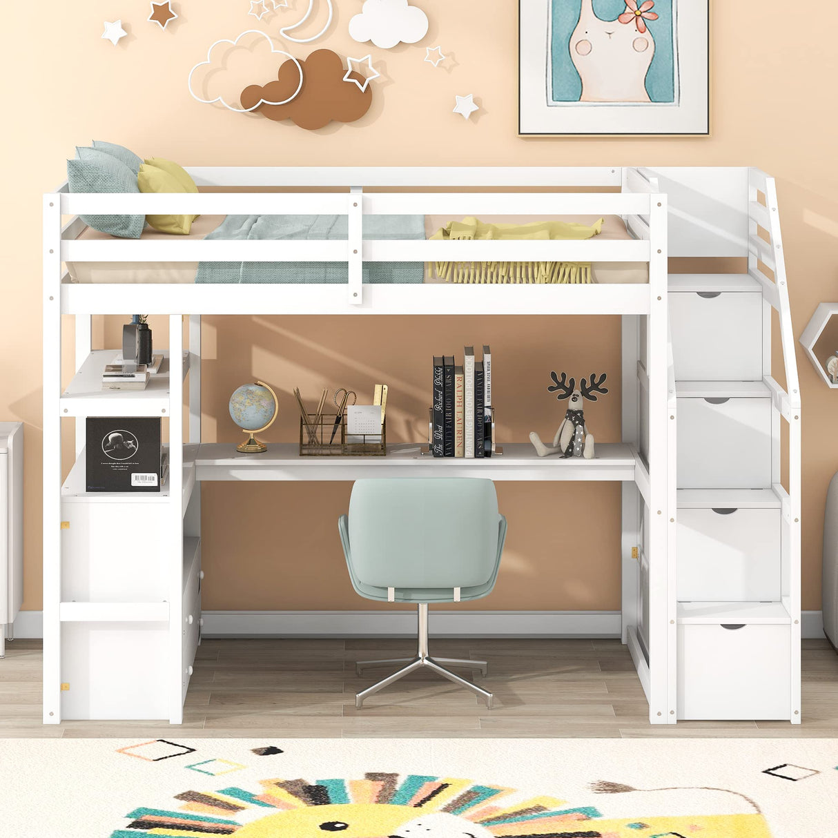 Twin Loft Bed with Storage Staircase and Desk, Wood Twin Size Loft Bed with Shelves and 2 Drawers, Loft Bed with Step for Kids Boys Girls Teens, White Harper & Bright Designs