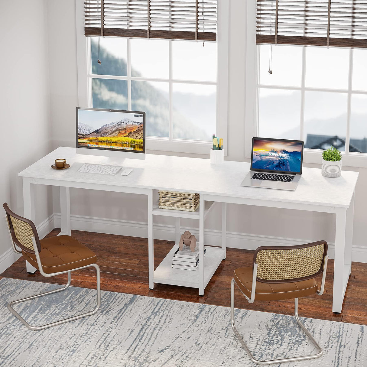 Tribesigns 78 Inches Computer Desk, Extra Large Two Person Office Desk with Shelf, Double Workstation Desk for Home Office(White) Tribesigns